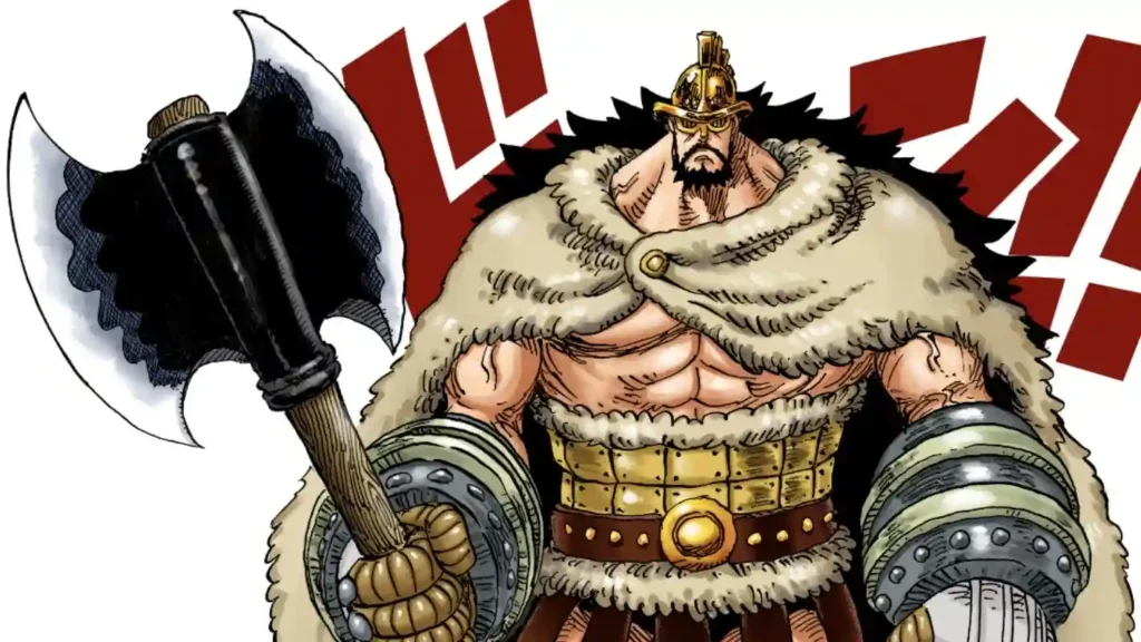 Digitally colored manga panel of Hajrudin the giant holding a battle axe in One Piece.