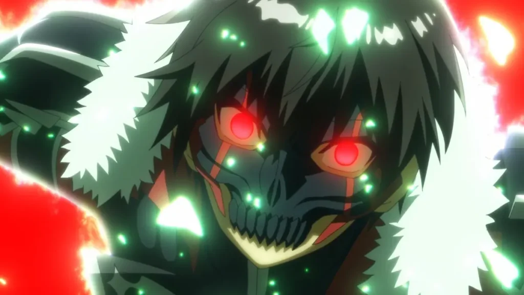Fate Graphite wearing a dark skull-like half-mask with glowing red eyes and green energy sparks in Berserk of Gluttony.
