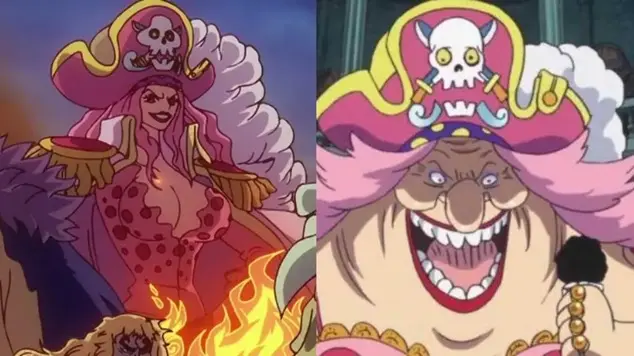 Side-by-side comparison of Big Mom (Charlotte Linlin) in One Piece showing her younger, slighter self on the left and her present larger, laughing self on the right.