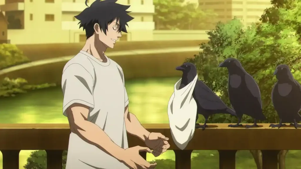 Why Crunchyroll’s Hit Anime ‘Black Torch’ Isn’t Actually the “Next Jujutsu Kaisen” Jiro Azuma smiling at three black crows perching on a wooden railing outdoors in Black Torch.