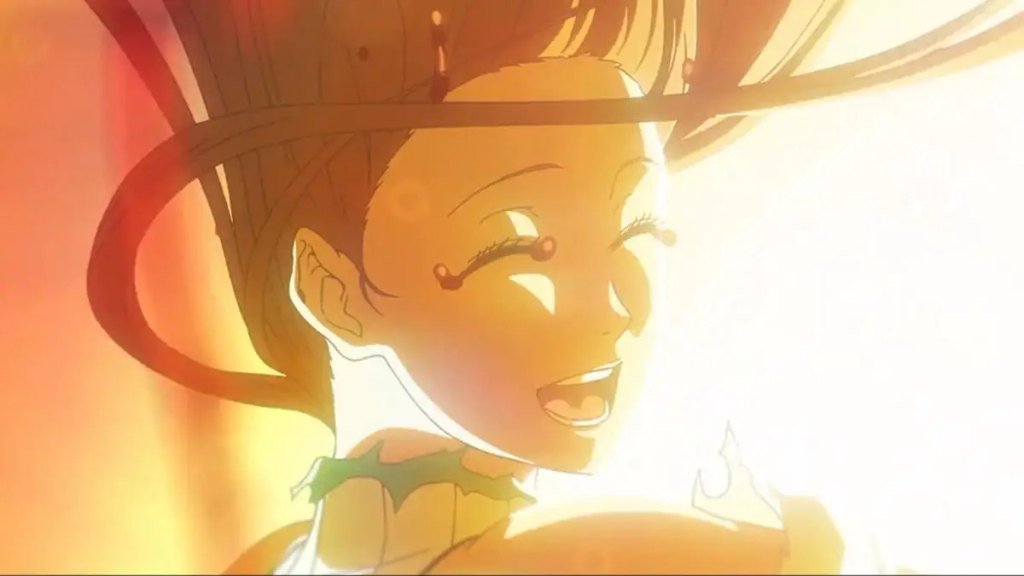 Orihime Inoue smiling joyfully with her hair floating around her in warm, bright sunlight in Bleach: Thousand-Year Blood War.