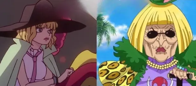 Side-by-side comparison of Buckingham Stussy (Miss Bakkin) in One Piece showing her younger self wearing a witch hat on the left and her present elderly self on the right.