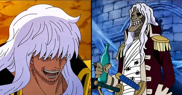 Side-by-side comparison of Captain John in One Piece showing his alive self with long light hair on the left and his zombie general form holding a alcohol bottle on the right.