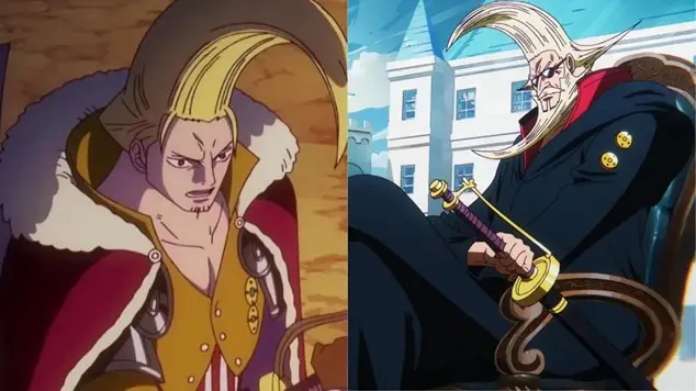 Side-by-side comparison of Saint Figarland Garling in One Piece showing his younger self on the left and his present elderly self holding a saber on the right.