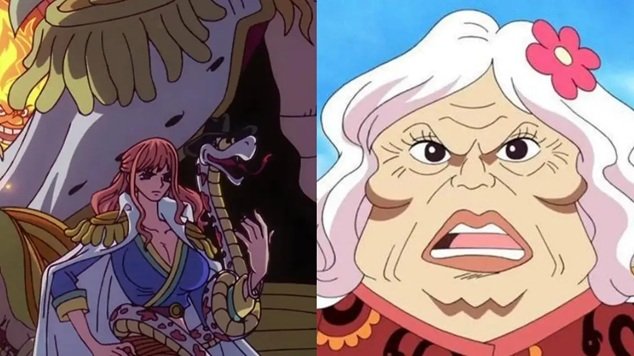 Side-by-side comparison of Gloriosa (Elder Nyon) in One Piece showing her younger self with a snake on the left and her present elderly self on the right.