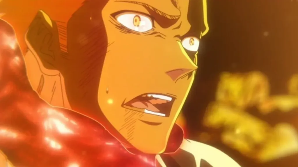 Anime close-up of Ichigo Kurosaki with wide, shocked eyes and orange hair bathed in glowing yellow light from Bleach: Thousand-Year Blood War.