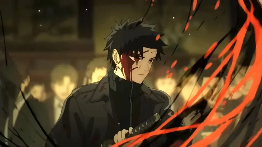 Chihiro Rokuhira with blood splattered on his face holding a katana surrounded by swirling black and red ink energy in Kagurabachi.