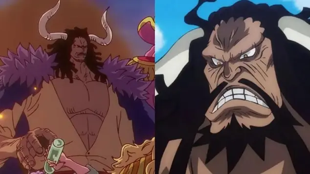 Side-by-side comparison of Kaido in One Piece showing his younger self on the Rocks Pirates crew on the left and his present older self with a grimacing face on the right.