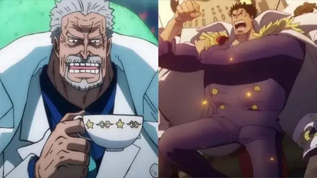 Side-by-side comparison of Monkey D. Garp in One Piece showing his present-day older appearance holding a teacup on the left and his younger self shouting in action on the right.