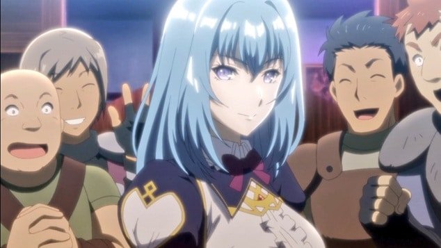 Lust (Eris) with light blue hair smiling calmly while surrounded by excited patrons in Berserk of Gluttony.