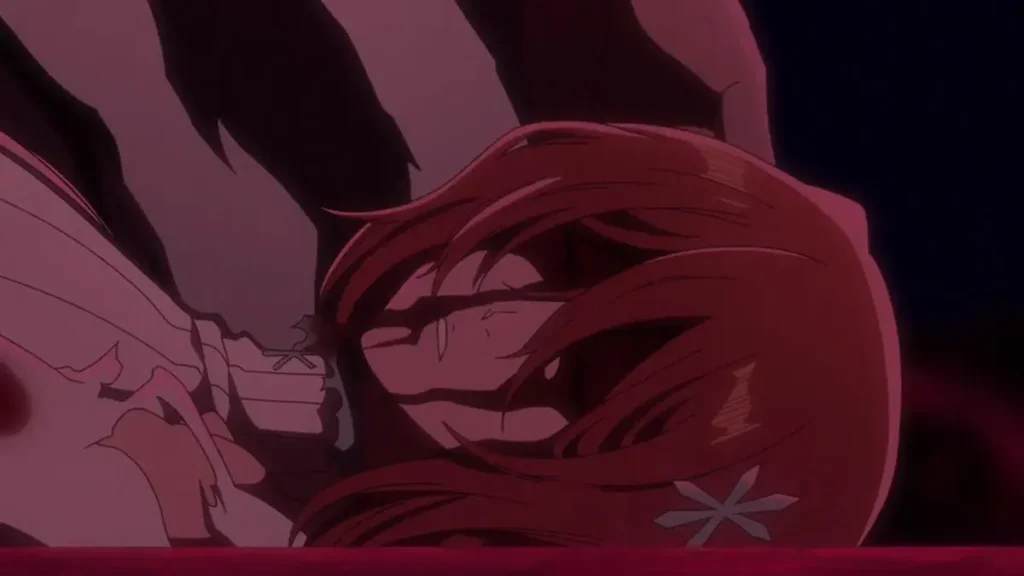 Orihime Inoue lying unconscious with blood trickling down her face under intense red lighting in Bleach: Thousand-Year Blood War.