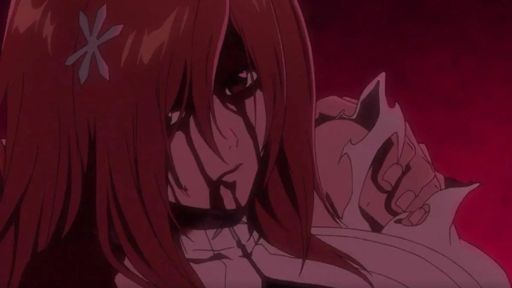 Orihime Inoue looking determined with blood on her face under deep red lighting in Bleach: Thousand-Year Blood War.