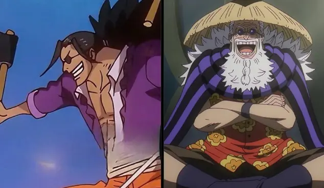 Side-by-side comparison of Scopper Gaban in One Piece showing his younger self dual-wielding axes on the left and his older self wearing a conical straw hat on the right.