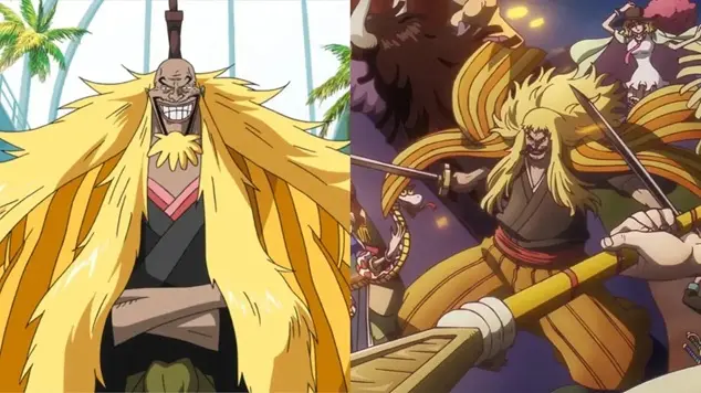 Side-by-side comparison of Shiki the Golden Lion in One Piece showing his older self with a steering wheel lodged in his head on the left and his younger self dual-wielding swords on the right.