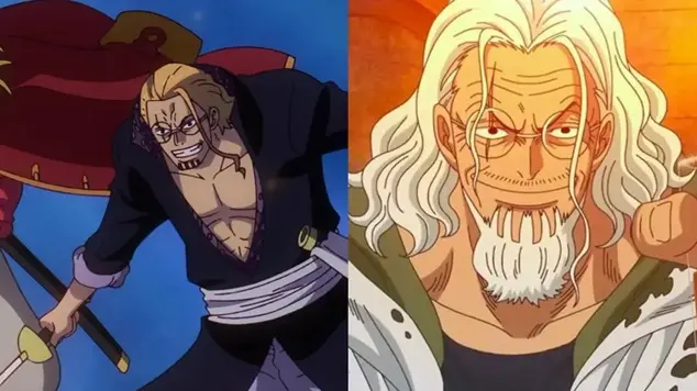 Side-by-side comparison of Silvers Rayleigh in One Piece showing his younger self dual-wielding weapons on the left and his present elderly self grinning on the right.