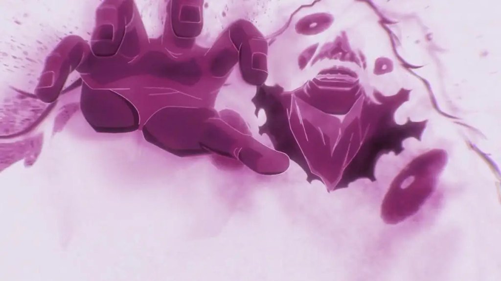 Yhwach reaching his hand out with multiple pupils visible in his eyes under intense purple lighting in Bleach: Thousand-Year Blood War.