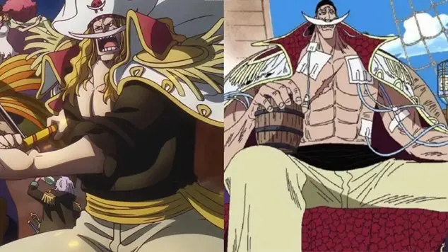 Side-by-side comparison of Whitebeard (Edward Newgate) in One Piece showing his younger self swinging a sword on the left and his older self holding a sake barrel on the right.