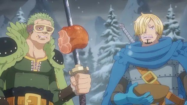 Left Zoro eating meat and right Sanji holding sake bowl