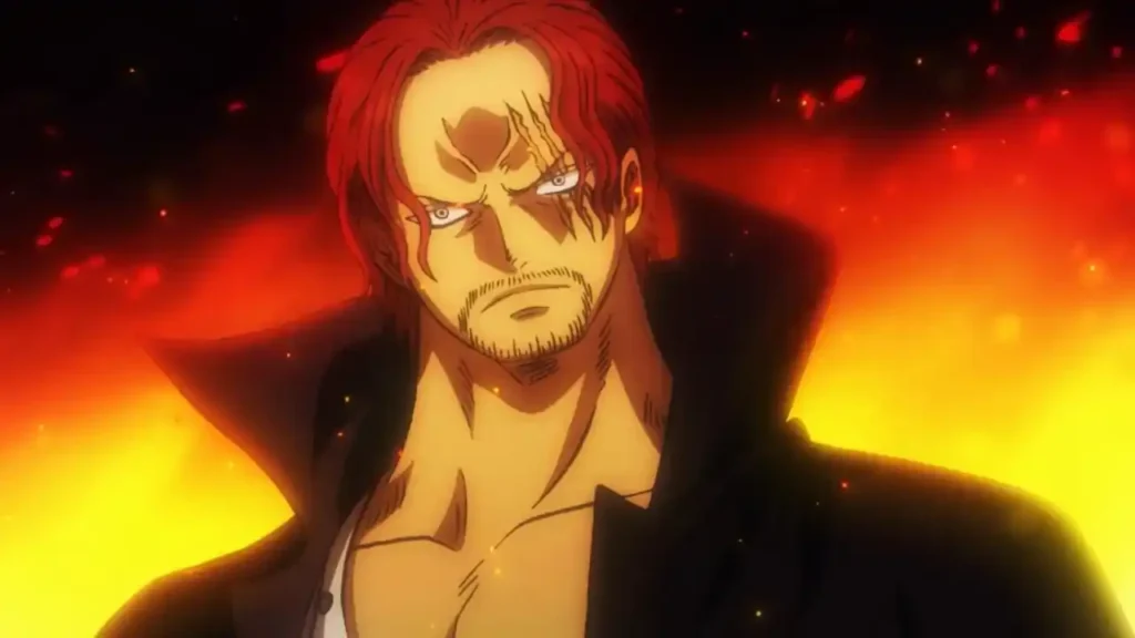 One Piece: What Secrets Is Shanks Still Hiding? Shanks from One Piece with bright crimson hair, three vertical scars over his left eye, and an intense expression against a fiery red background.