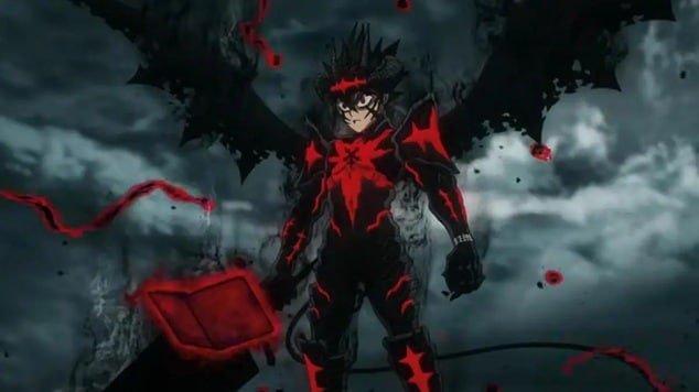 Asta from Black Clover in his Devil Union form, wearing black and glowing red armor with wings, holding a glowing red sword against a stormy gray sky.