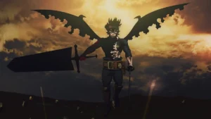 Anime character Asta from Black Clover in his Devil Union form, displaying black wings, holding a massive black broadsword, and standing against a fiery sunset sky filled with clouds.