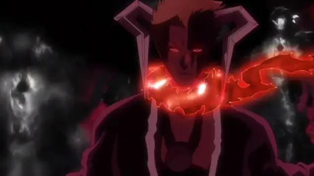 Ichigo Kurosaki in Blood Chains mode with glowing red energy around his neck and head horns, flanked by shadowy spirit clones in Bleach: TYBW.
