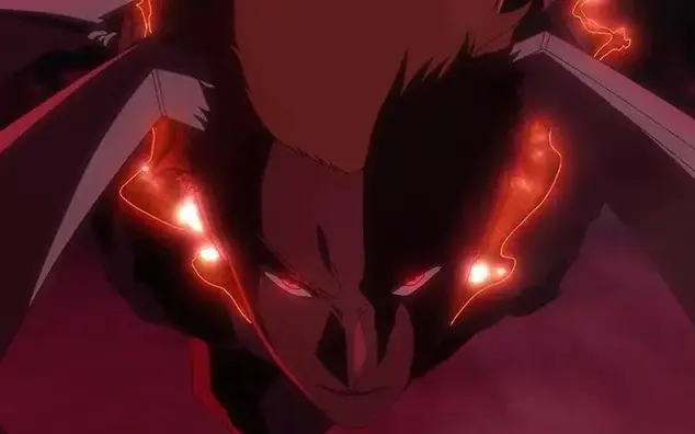 Top-angle close-up of Ichigo Kurosaki in Blood Chains mode with glowing red eyes, horns, and bright red spiritual energy.