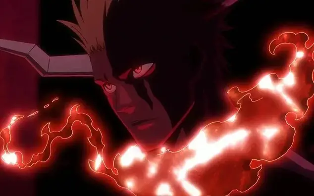 Side-profile close-up of Ichigo Kurosaki in Blood Chains mode with a horn on his head, shadowed face, glowing eyes, and fiery red Reiatsu swirling around his neck.