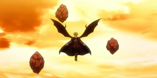 Dante Zogratis from Black Clover hovering in mid-air with demon wings spread wide, using Gravity Magic to levitate large boulders around him in a bright yellow-orange sky.
