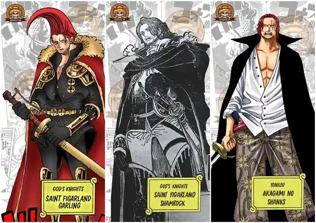 A three-panel character graphic from One Piece featuring Saint Figarland Garling, Saint Figarland Shamrock, and Yonkou Akagami no Shanks, each labeled with a yellow box.