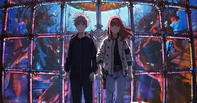 Anime scene from Heavenly Delusion featuring Maru in a dark tracksuit and Kiruko holding a gun in a white jacket, standing behind a cage-like metal pipe grid against a colorful, chaotic background with monster eyes.