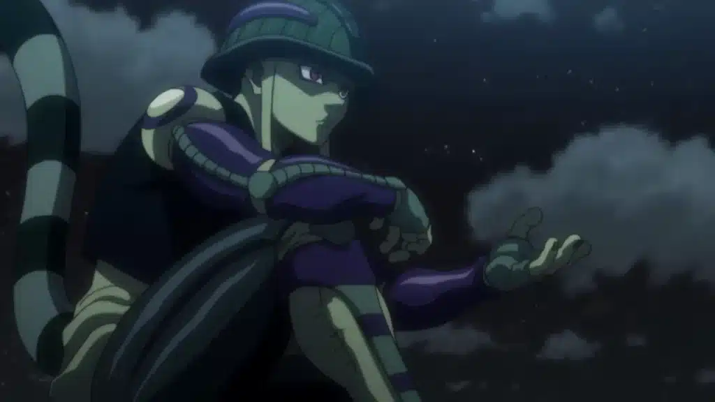 Meruem from Hunter x Hunter sitting in profile against a dark, cloudy night sky, reaching out one hand with an open palm.