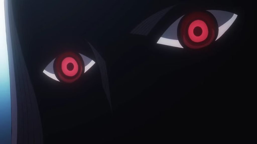 A close-up of Imu's menacing glowing red, ringed eyes staring out from deep darkness.