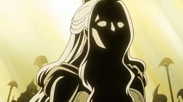 An anime scene featuring the shadowed silhouette of Nefertari D. Lily with long wavy hair, glowing white eyes, and a crown, set against a bright golden background.