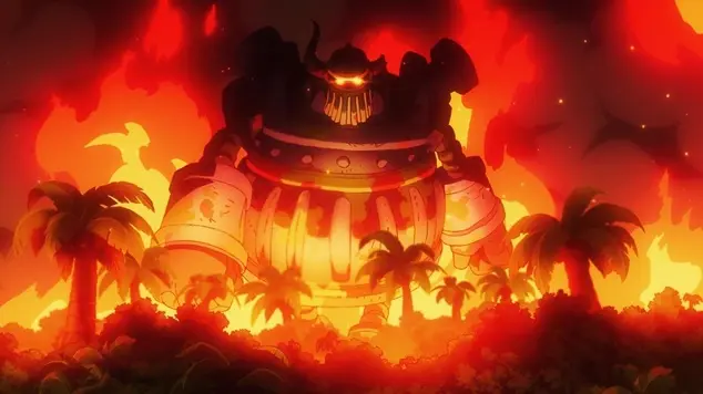 The giant ancient robot Emet standing engulfed in flames on a tropical island with glowing eyes.
