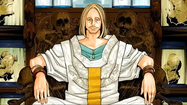 Tserriednich Hui Guo Rou from Hunter x Hunter sitting in white robes on a throne adorned with skeletal decorations and preserved body parts in jars.