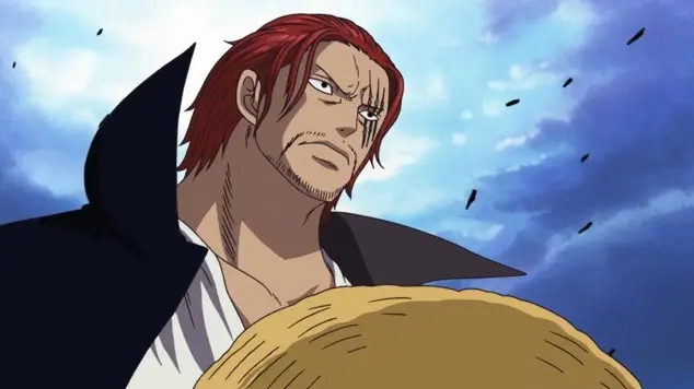 Shanks from One Piece standing resolute against a cloudy blue sky, holding a straw hat in the foreground.