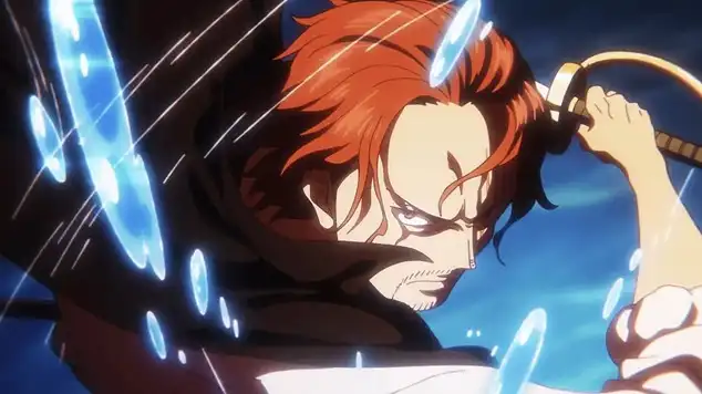 Shanks from One Piece mid-action with red hair, swinging a sword surrounded by glowing blue energy streaks against a dark blue background.