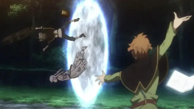 Finral from Black Clover casting Spatial Magic with his arms outstretched, creating a glowing circular portal at night that teleports Asta and Noelle sideways through the air.