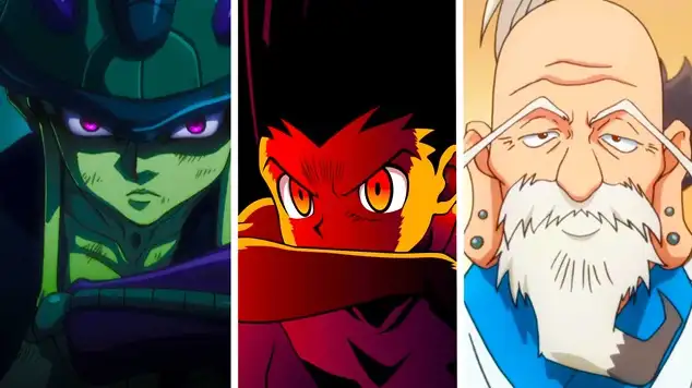 A split image featuring three Hunter x Hunter characters: Meruem looking forward on the left, Adult Gon with glowing eyes in the center, and Isaac Netero on the right.
