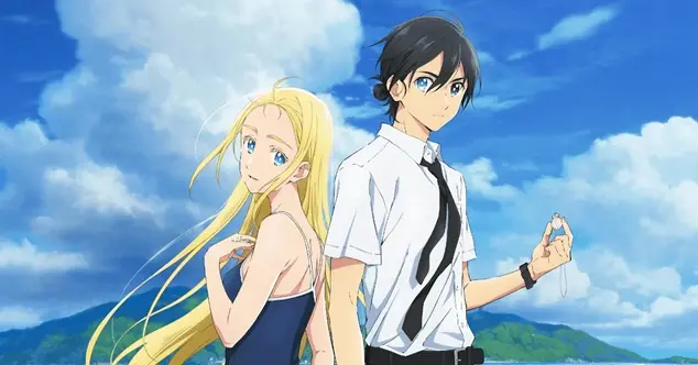 Anime scene from Summer Time Rendering featuring Ushio with long blonde hair in a blue swimsuit standing back-to-back with Shinpei, who wears a white short-sleeved shirt with a black tie against a bright blue sky with fluffy white clouds.