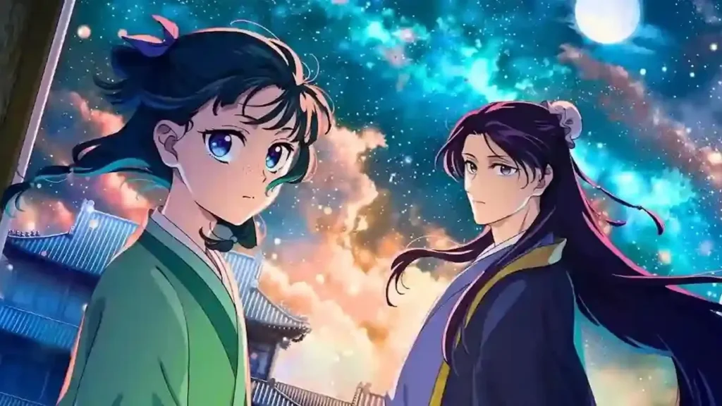 Anime scene from The Apothecary Diaries featuring Maomao in green robes and Jinshi in dark robes standing against a vibrant starry night sky with a full moon.