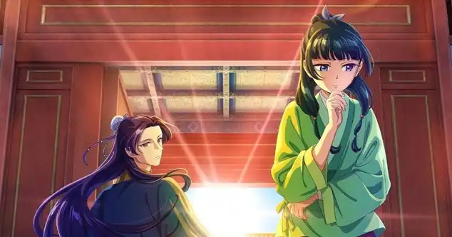 Anime scene from The Apothecary Diaries featuring Maomao in green robes with her hand on her chin in thought, standing near Jinshi inside a traditional red-paneled building with bright sunlight behind them.