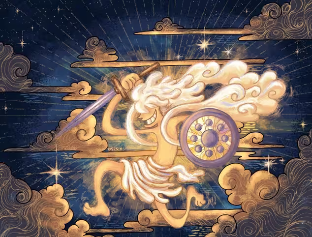 A stylized illustration of Sun God Nika holding a sword and shield while leaping through a starry sky surrounded by golden clouds.