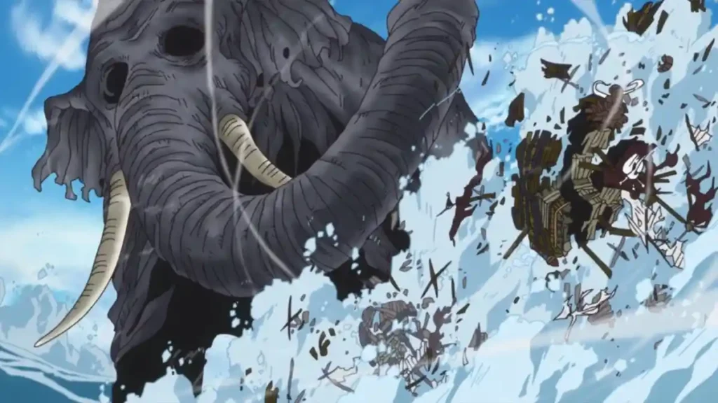 The Most Powerful Figures Connected to the Void Century in One Piece Colossal elephant Zunesha swinging its massive trunk to destroy pirate ships in a burst of sea foam and debris.