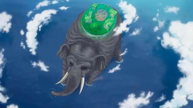 Aerial view of the massive elephant Zunesha carrying the island of Zou on its back in the ocean.